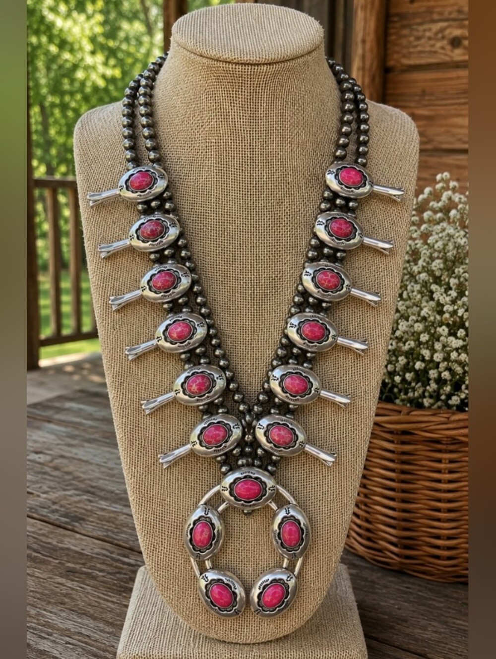 Squash Blossom Pink Turquoise Native American / Southwestern STYLE Necklace Mew - Picture 1 of 5